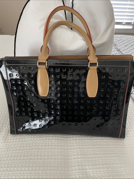 Arcadia Handbags - Arcadia Patent Leather Tote Bag with Tan Handles - Black